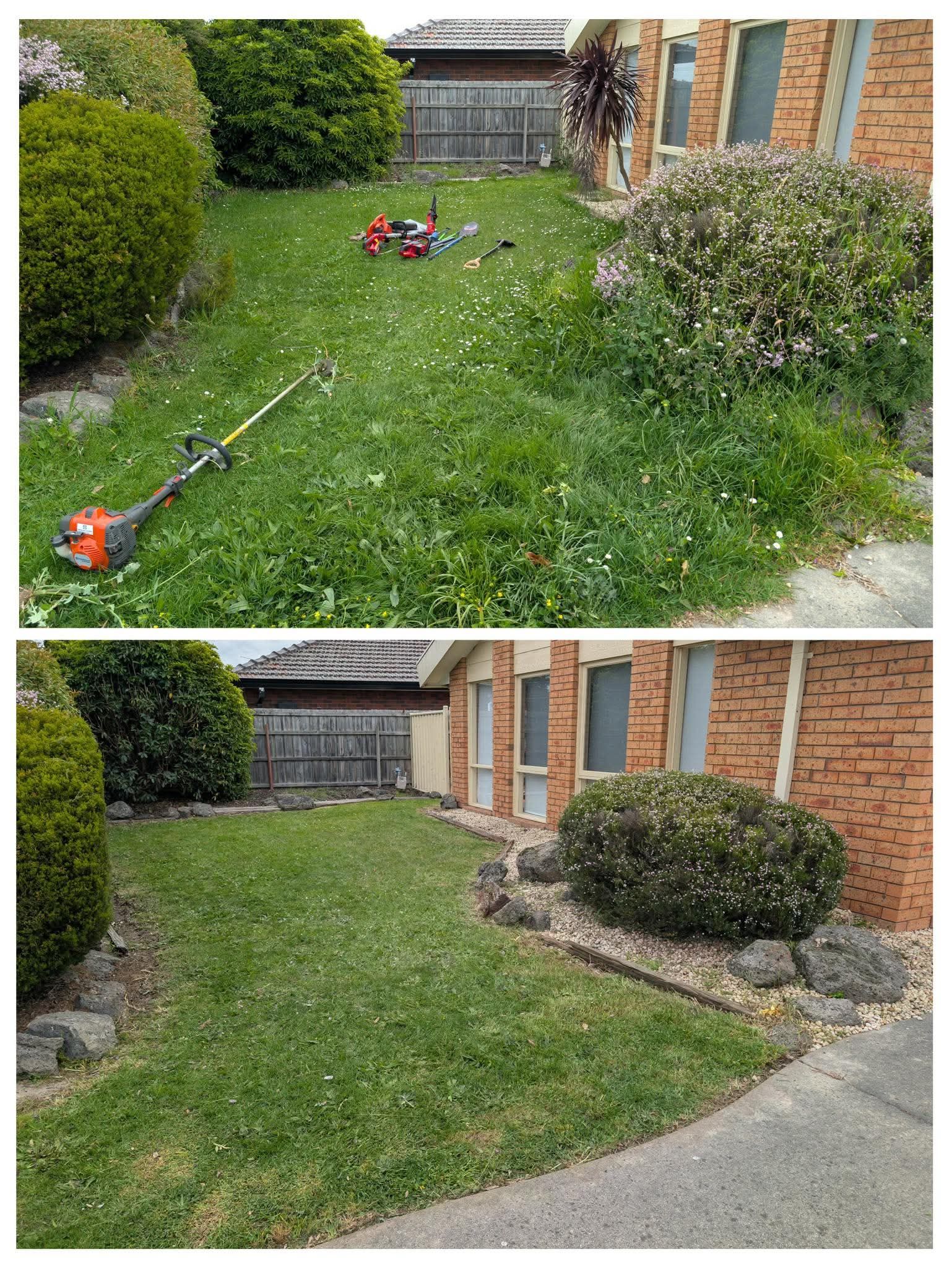 Before-and-after lawn mowing beside a brick house, with trimmed grass and a neat curved edge.
