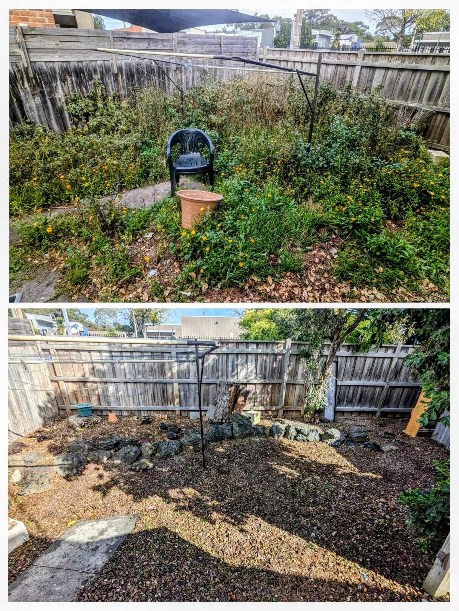 Overgrown backyard corner with a small black fire pit and a fenced patio area beneath a tarp.