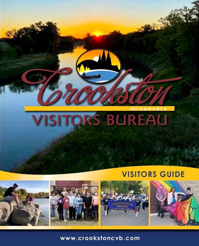 Crookston Visitors Bureau guide cover with sunset river scene and event photo strip at bottom