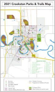 2021 Crookston Parks & Trails map showing roads, river, parks, and trail routes in color.