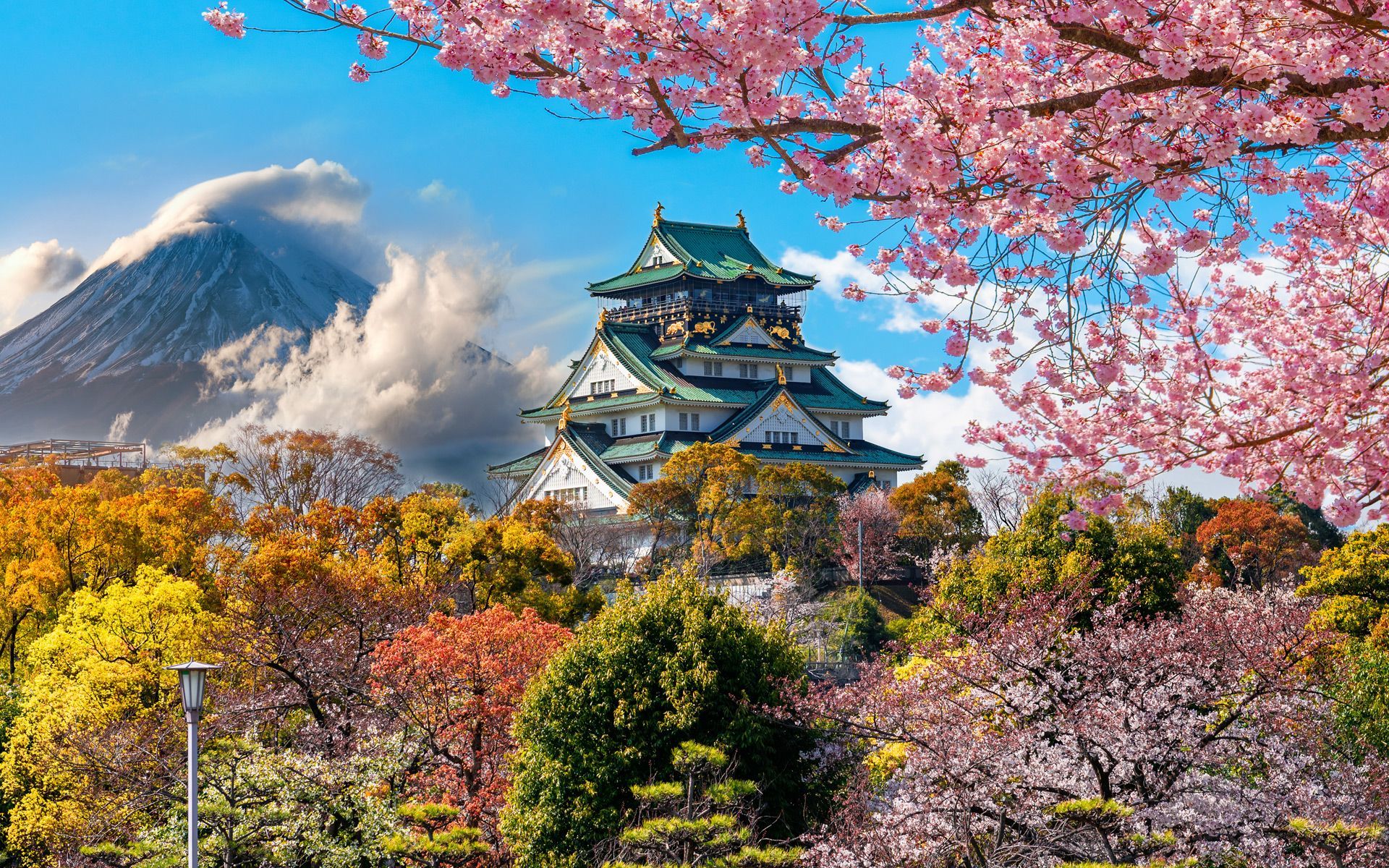 A castle surrounded by trees and flowers with a mountain in the background.