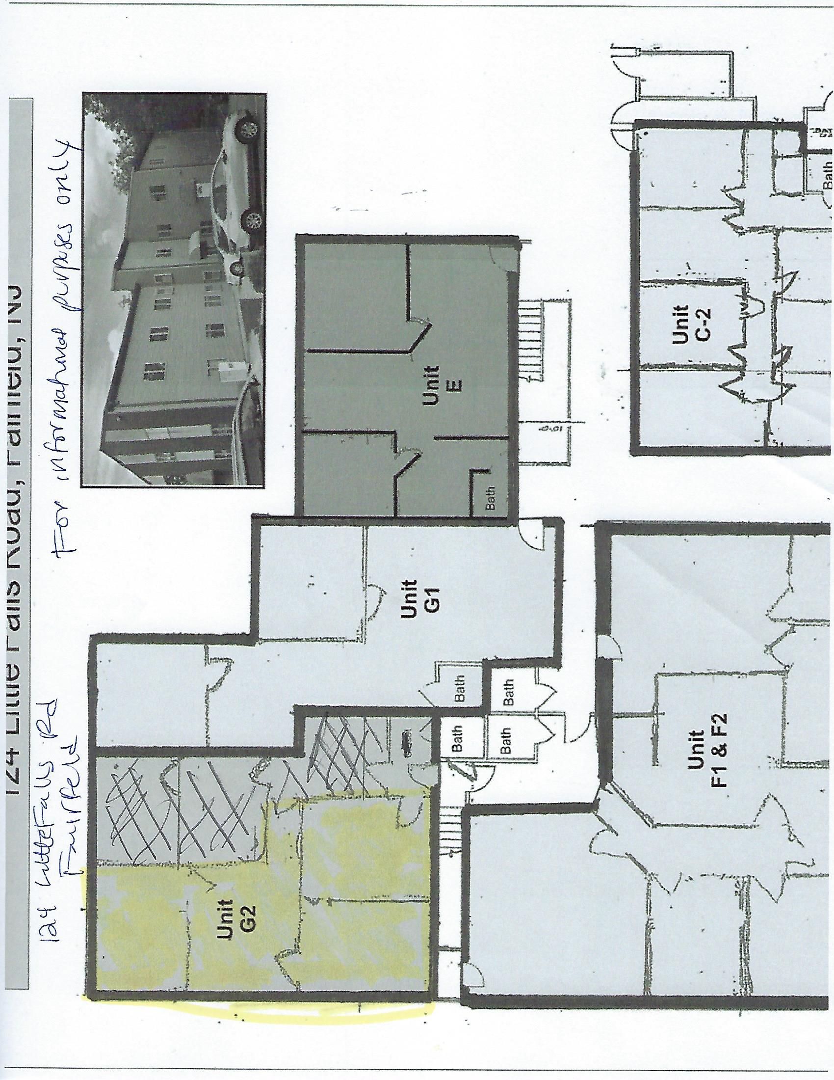 Floor plans of a building, with one showing an exterior photo, units labeled, and some areas highlighted in color.