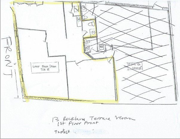 Floor plan sketch of a building's 1st floor front. Features rooms, including storage and office space. 
