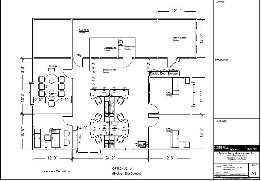 Floor plan of an office, showing meeting room, workstation, lounge, and restrooms. Dimensions and furnishings are noted.