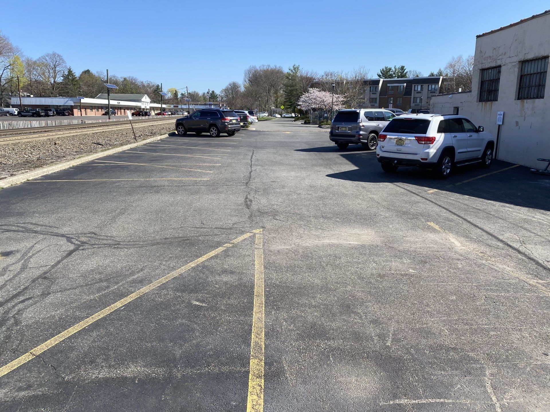 Empty asphalt parking lot with parked cars, sunny day.
