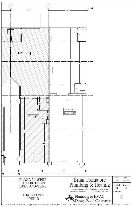 Architectural floor plan of Unit 13 in Plaza 10 West, with shaded areas and plumbing/HVAC design details.