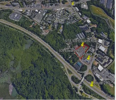 Aerial view of 939 Edwards Rd, including a Wawa and highway Route 280.
