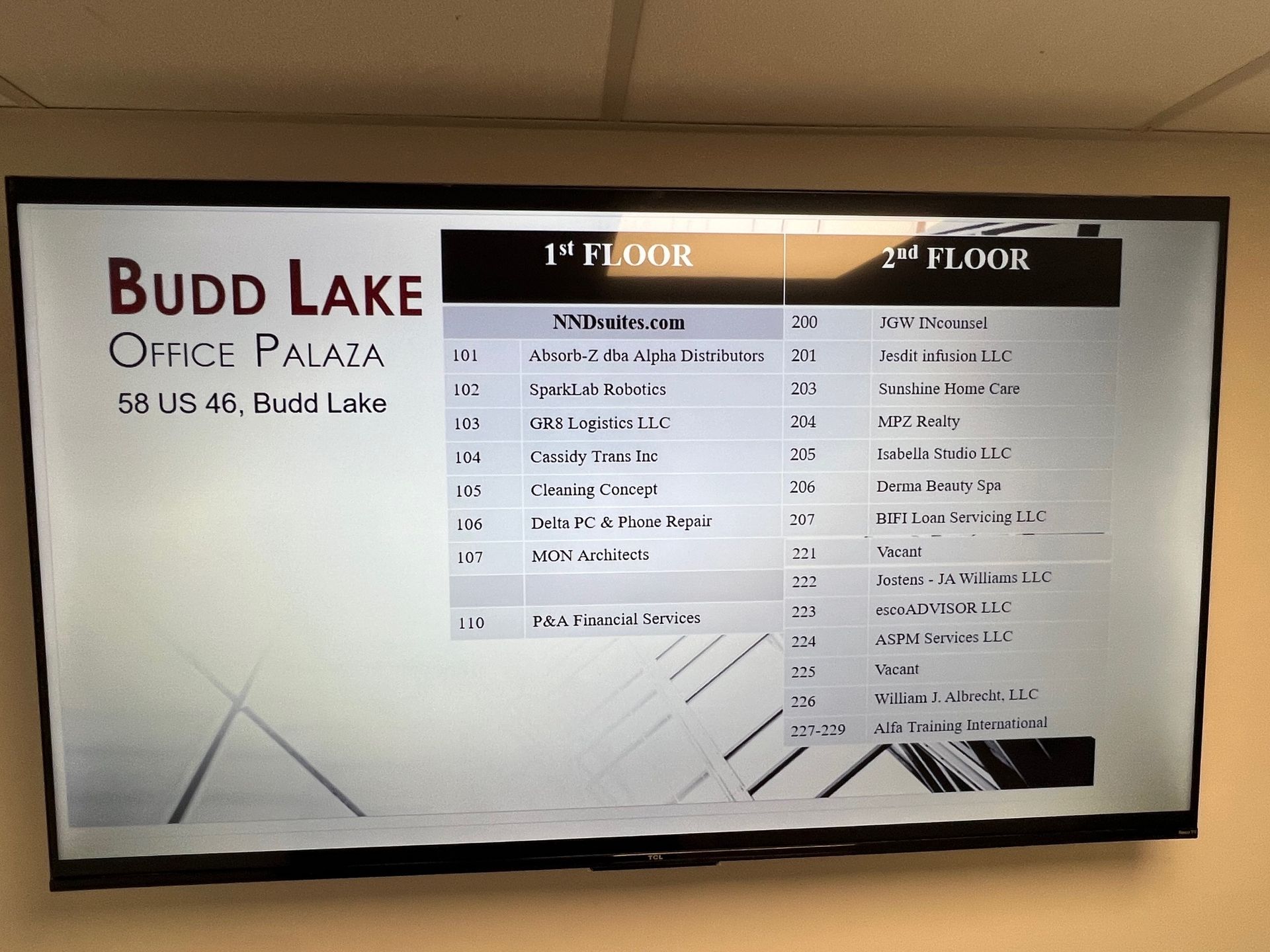 Budd lake office palata is displayed on a flat screen tv