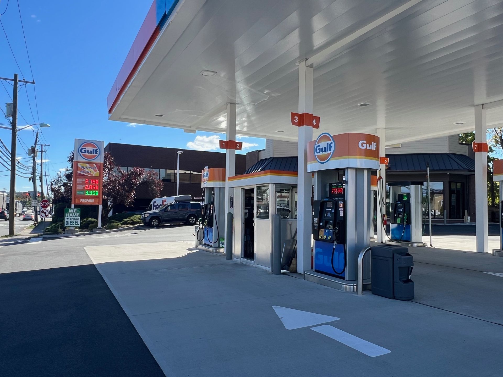 A gas station with an arrow pointing to the right.