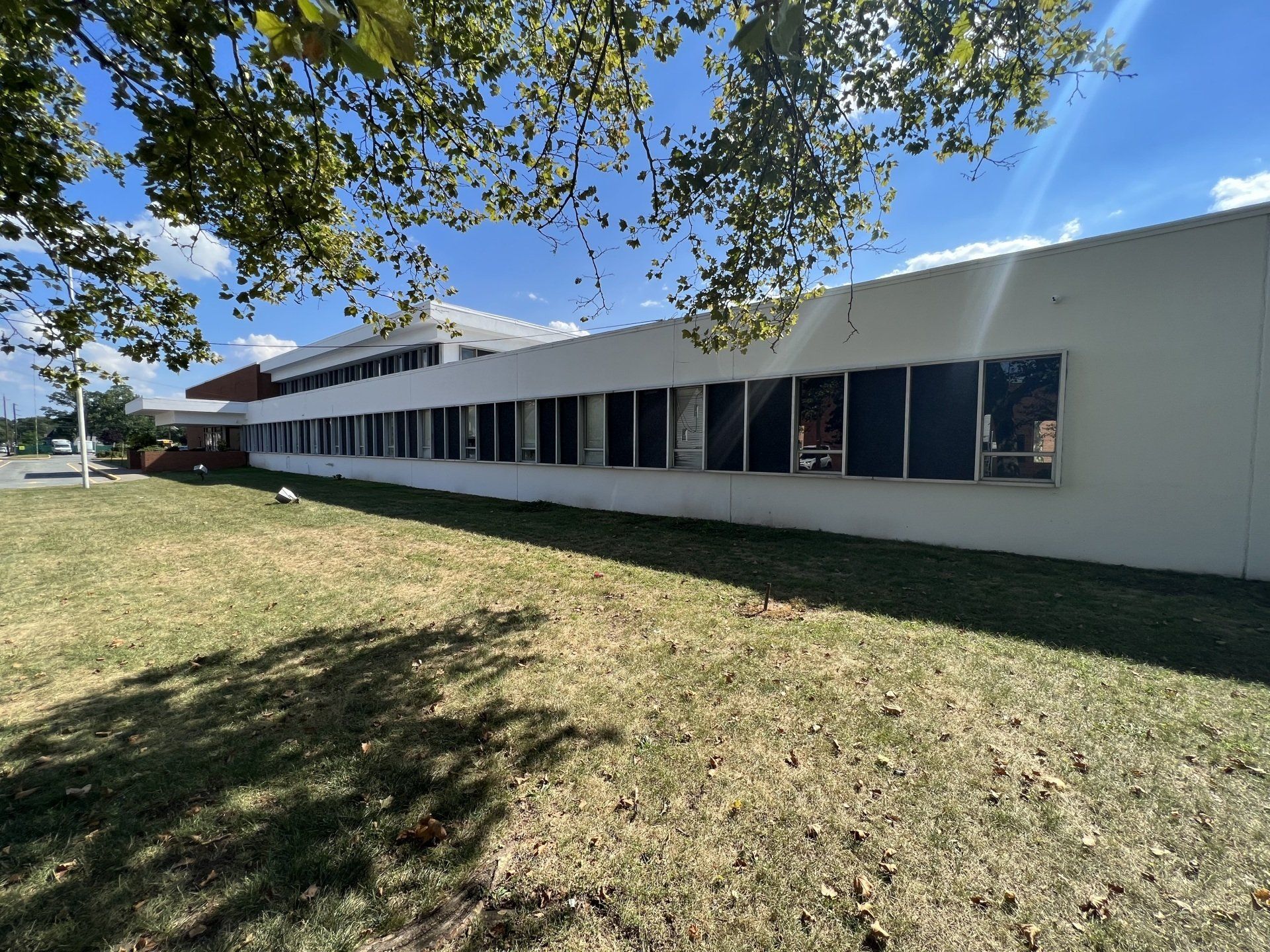 White building with many rectangular windows and a flat roof, under a blue sky with tree branches in the foreground.
