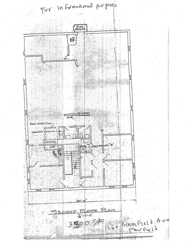 Hand-drawn floor plan of a 3,500 square foot second floor level, showing room layouts and central stairwell.
