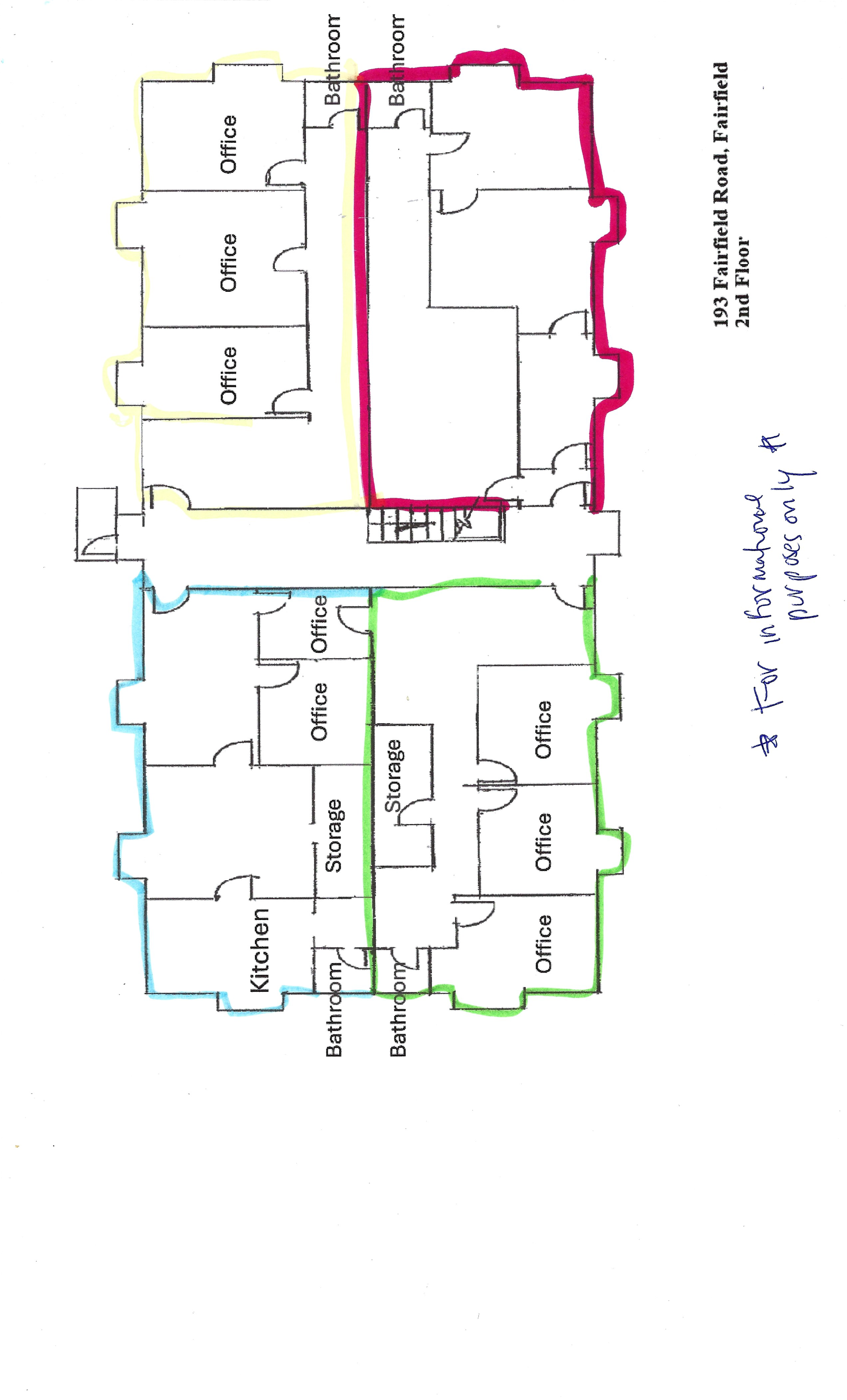 A floor plan showing a building layout, with specific sections highlighted in red, yellow, green, and blue.
