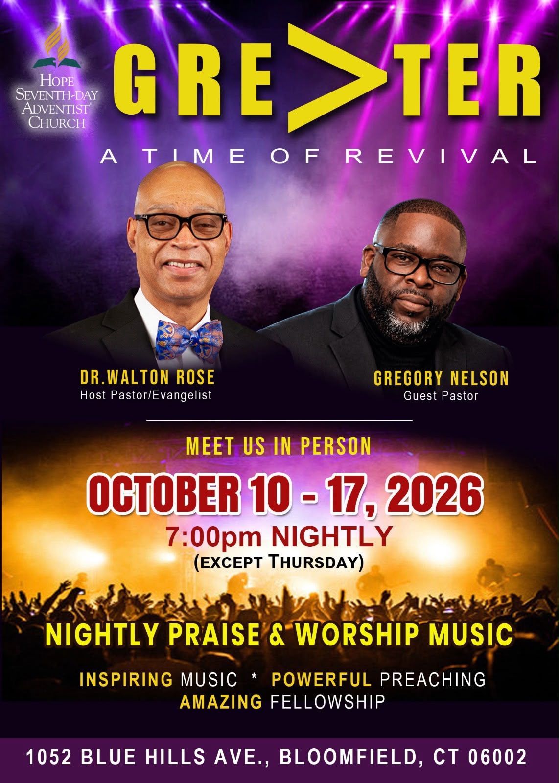 Greater — A Time of Revival flyer: Hope Seventh-day Adventist Church, October 10–17, 2026, with Dr. Walton Rose and Gregory Nelson