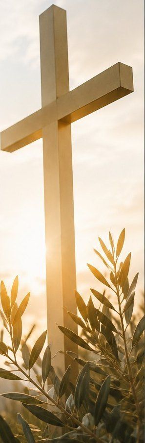 A golden cross at sunrise among olive branches