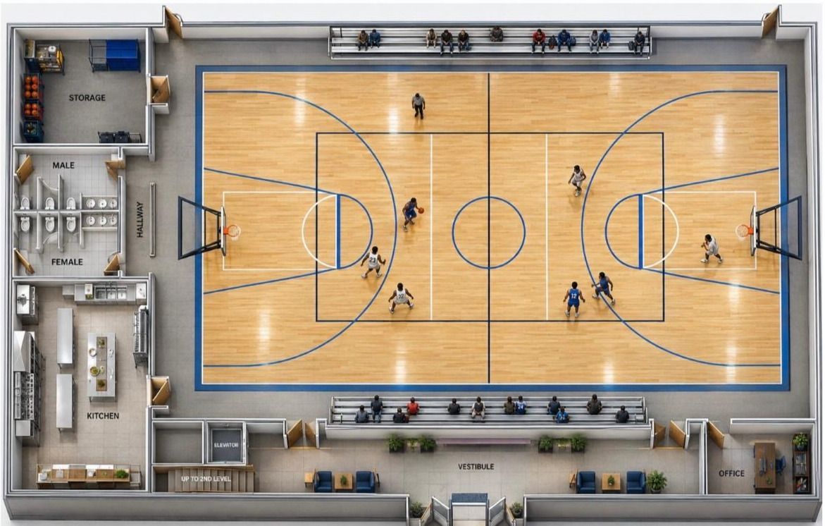Conceptual floor plan rendering showing the main space arranged as a basketball court, with storage, restrooms, kitchen, vestibule and office.