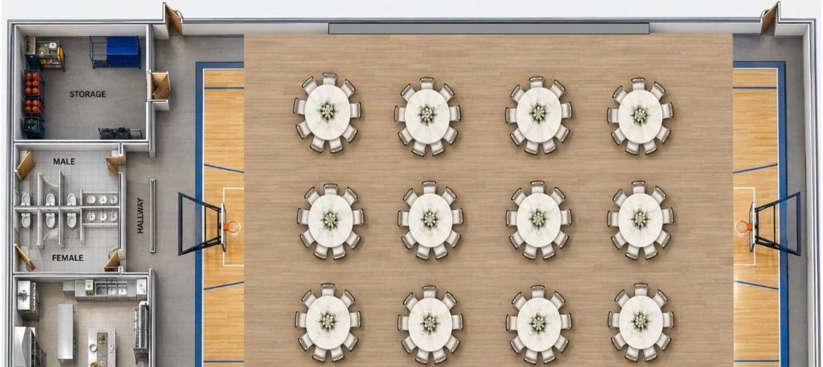 Conceptual floor plan rendering showing the main space arranged for an event or banquet with round tables.