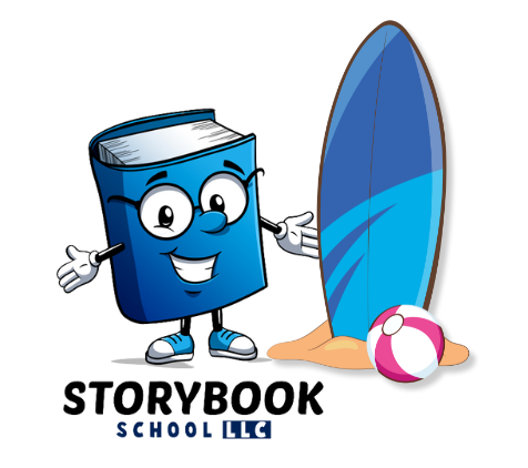The logo for storybook school llc shows a book holding a surfboard and a beach ball