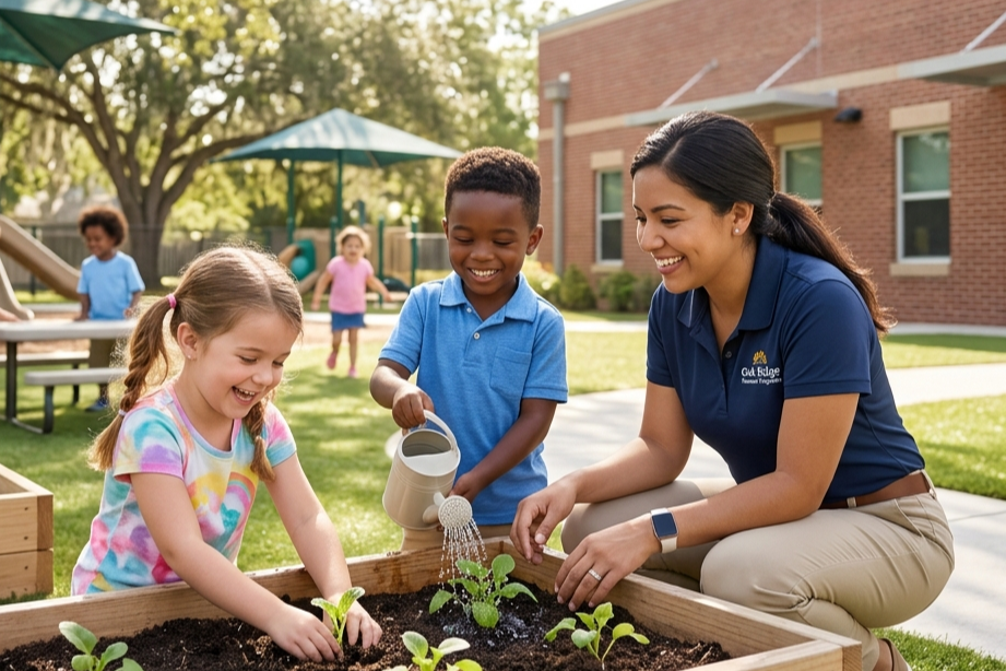A teacher and two children garden in raised beds, with other children playing in the background of a schoolyard.