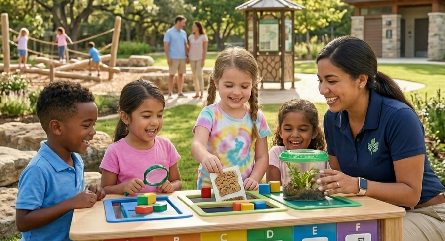 A teacher and four children engage in a nature activity at a wooden outdoor table in a park playground.