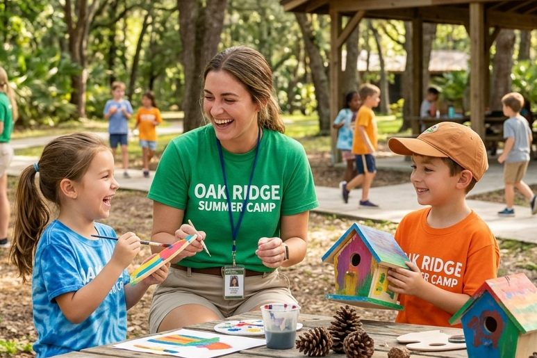 A camp counselor and two children painting wooden birdhouses at a picnic table in a park setting.