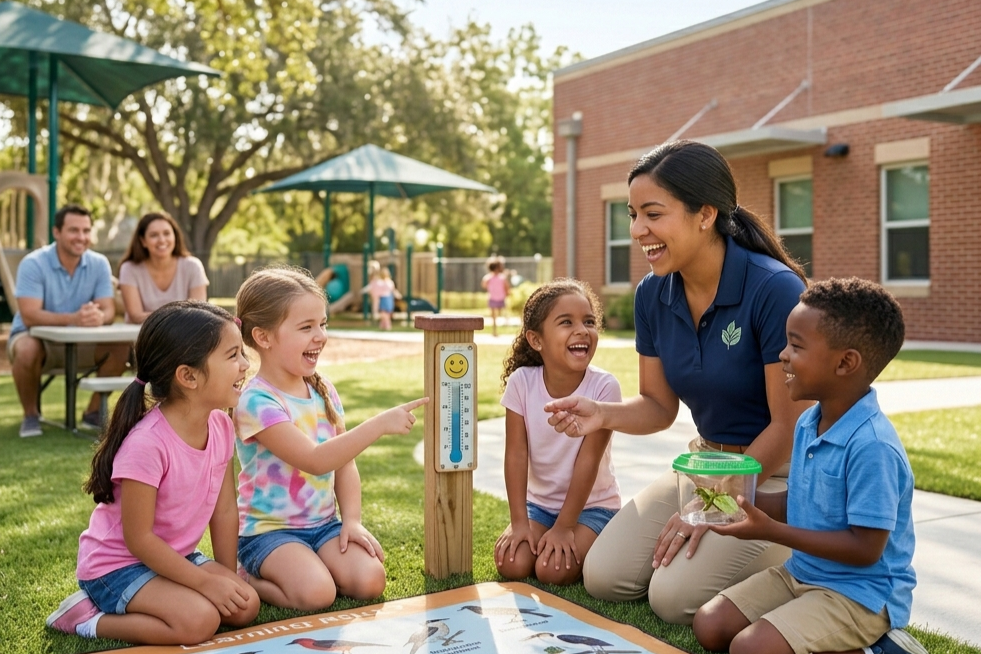 A teacher and children look at a thermometer on a wooden post in an outdoor school play area.