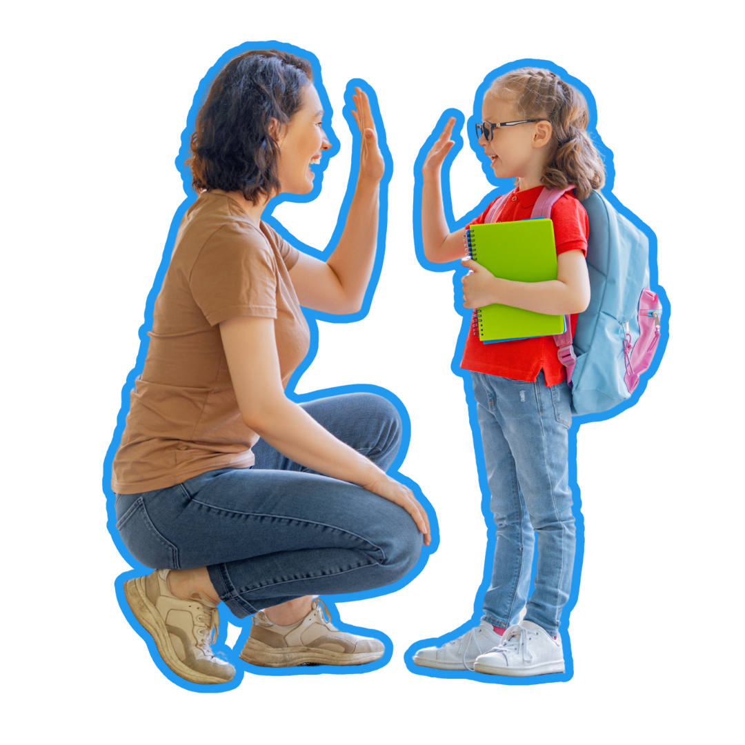 A woman is kneeling down and giving a high five to a little girl.