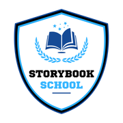 The logo for storybook school is a shield with an open book and laurel wreath.