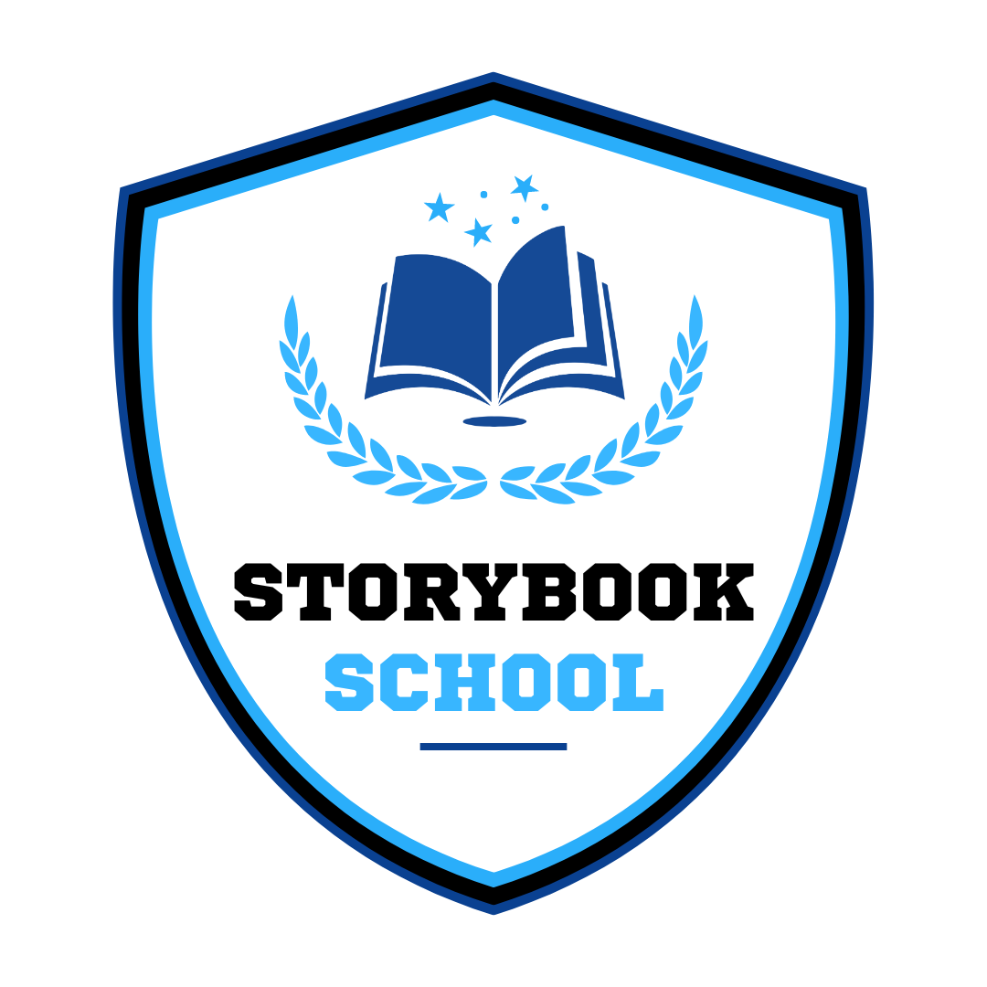The logo for storybook school is a shield with an open book and laurel wreath.