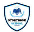 The logo for storybook school is a shield with an open book and laurel wreath.