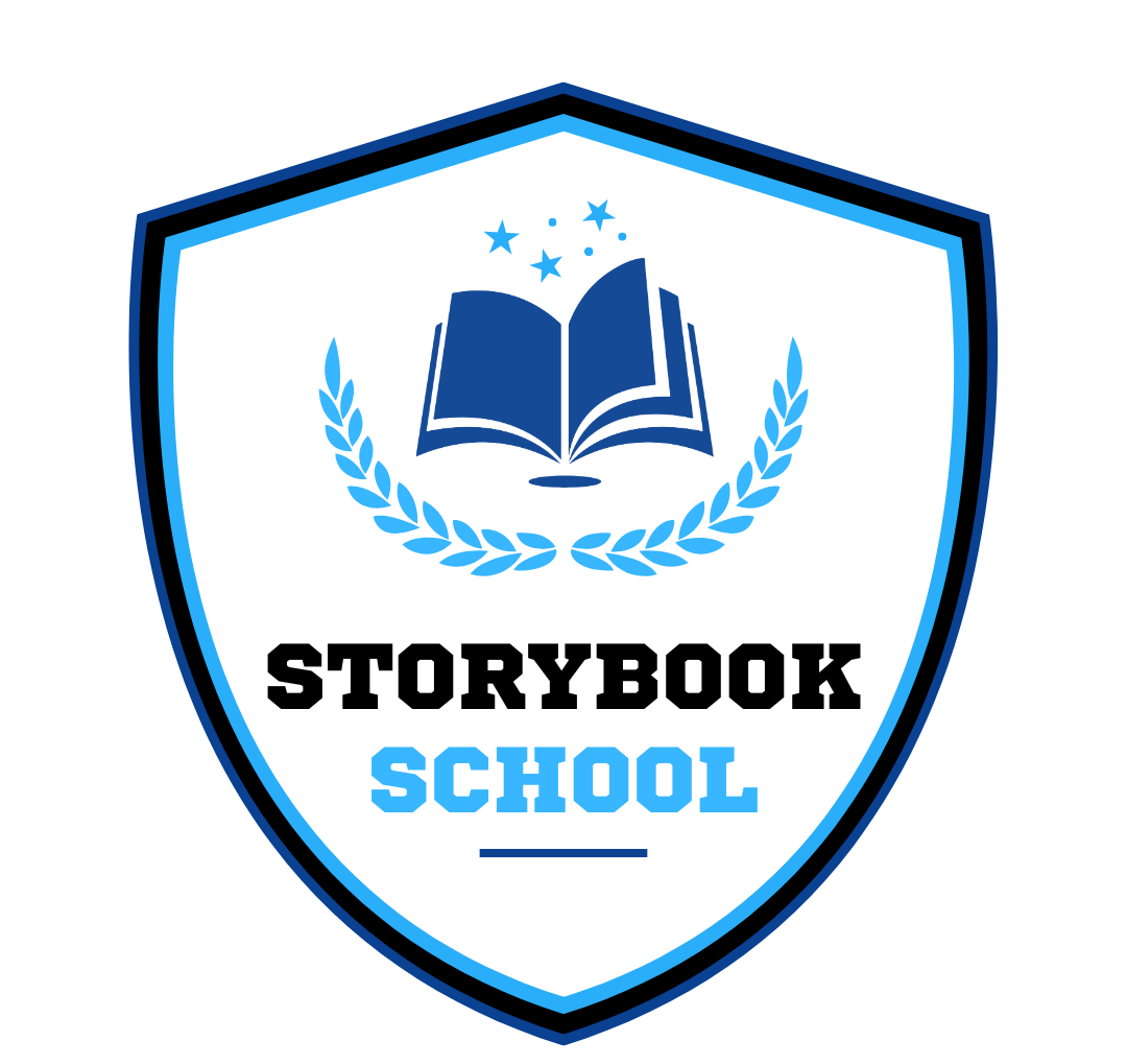 The logo for storybook school is a shield with an open book and laurel wreath.
