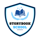 The logo for storybook school is a shield with an open book and laurel wreath.