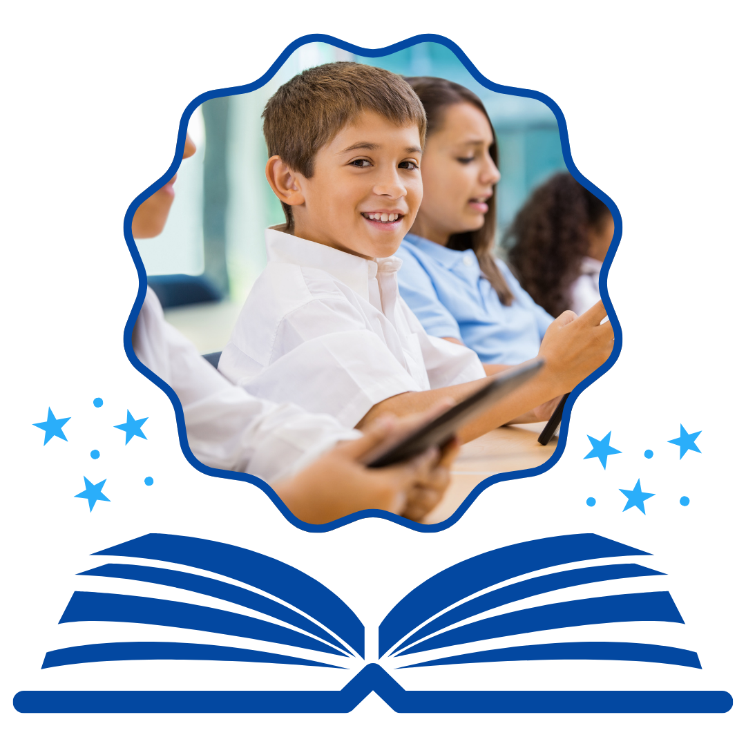 A boy is sitting at a desk with a tablet in front of an open book
