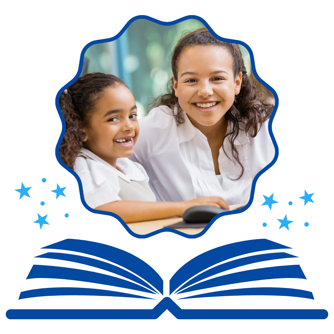 A woman and a little girl are smiling in front of an open book