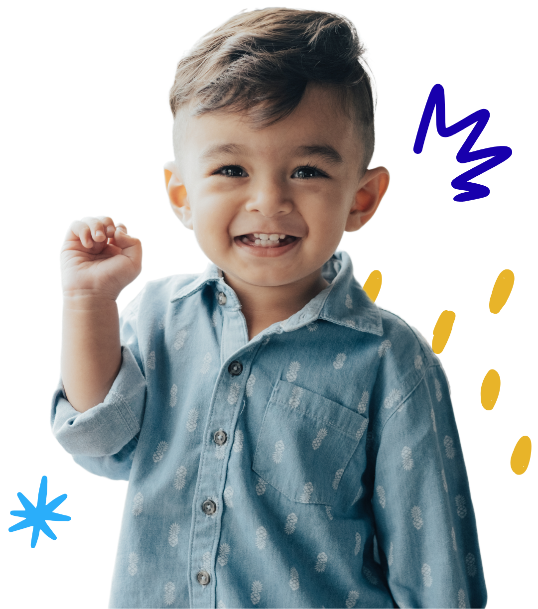 Smiling child in a blue button-down shirt raises a fist with joy. Blue and yellow doodles in background.