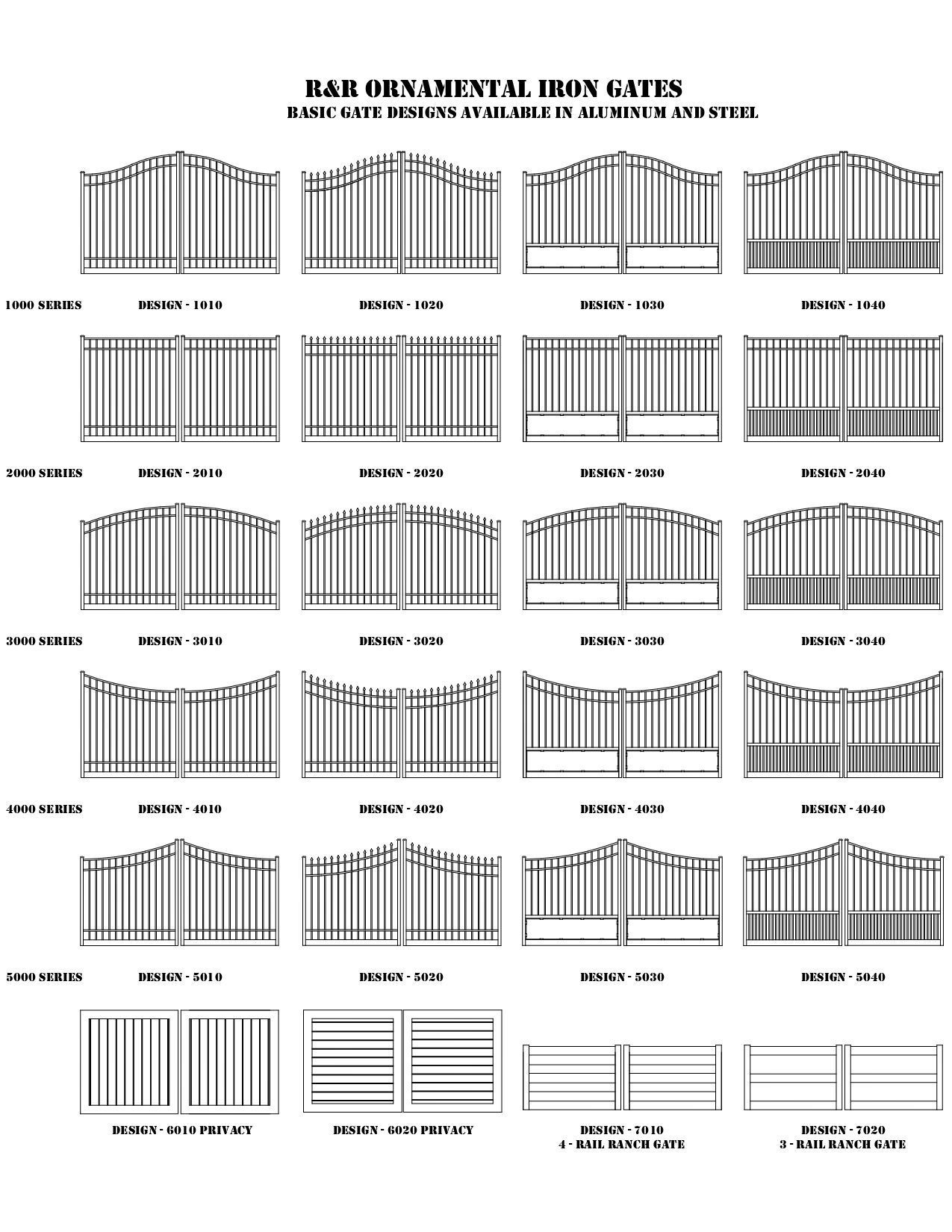a black and white drawing of different types of iron gates