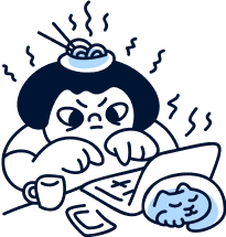 Person stressed at a laptop, noodles on head, cat sleeping nearby.