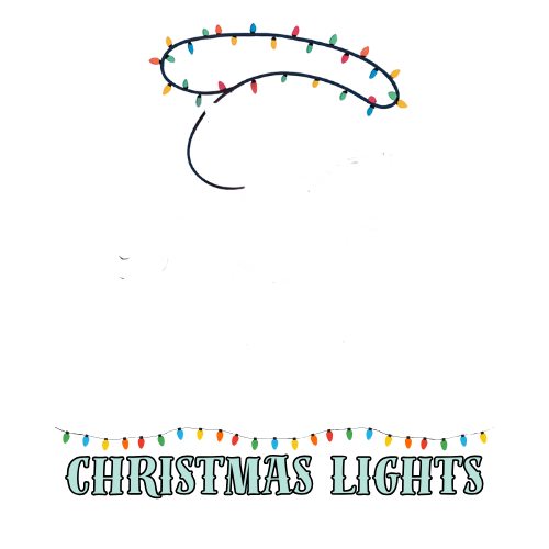 Christmas lights with a black wire and colorful bulbs, with “CHRISTMAS LIGHTS” text below.