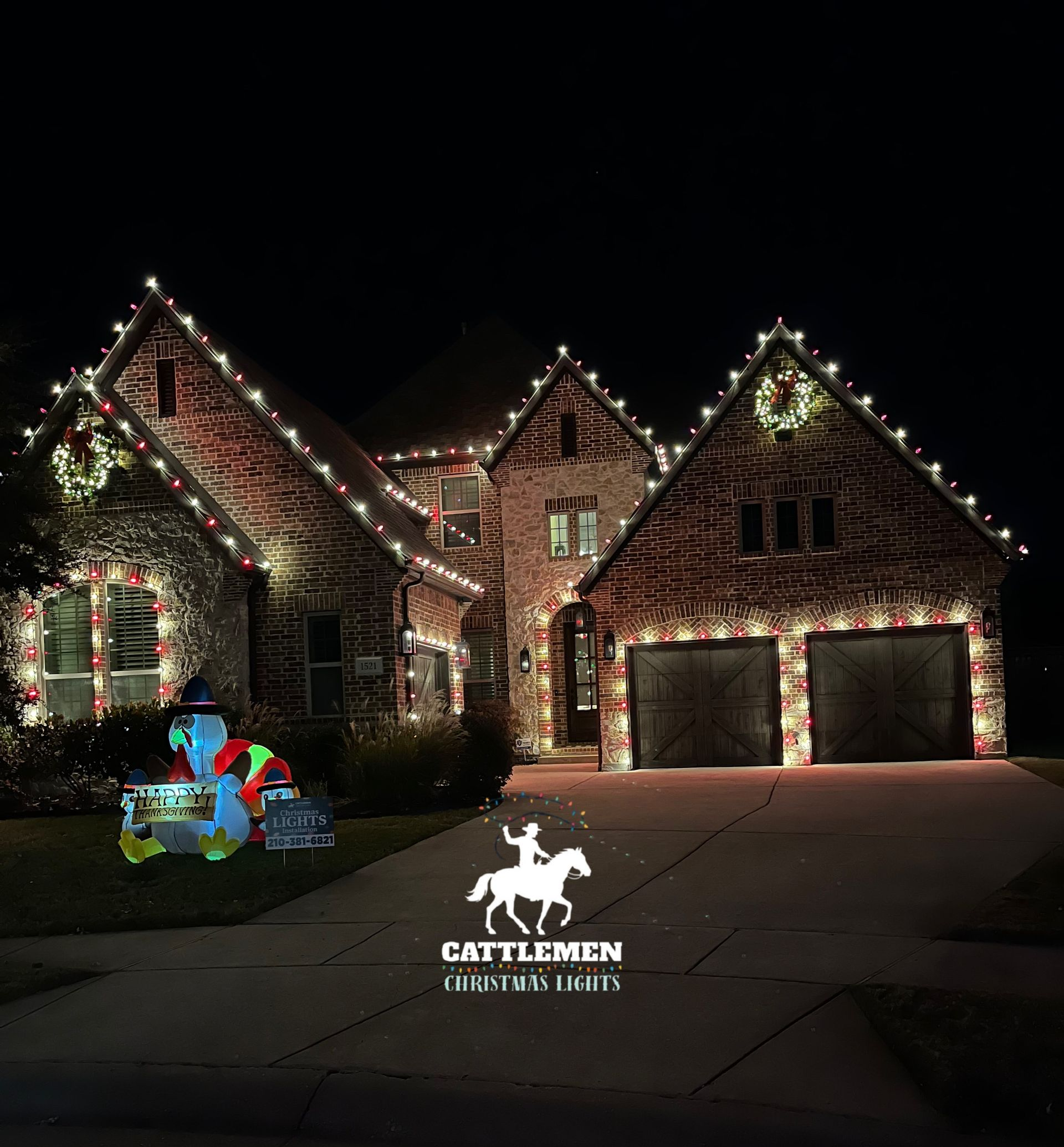 House with Christmas lights and illuminated holiday decorations at night