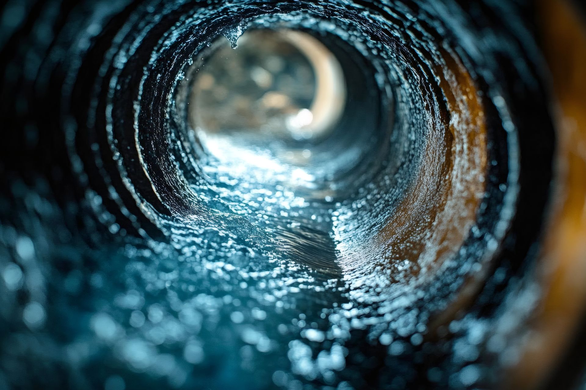 Inside a dark, swirling pipe with flowing water, illuminated in blue and white.