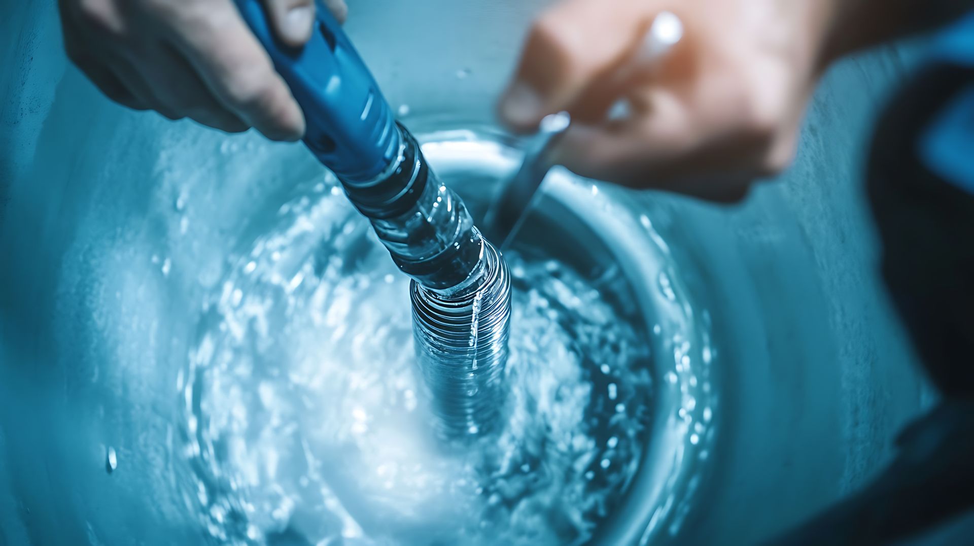 Person holding a blue hose, water flowing into a metallic container.