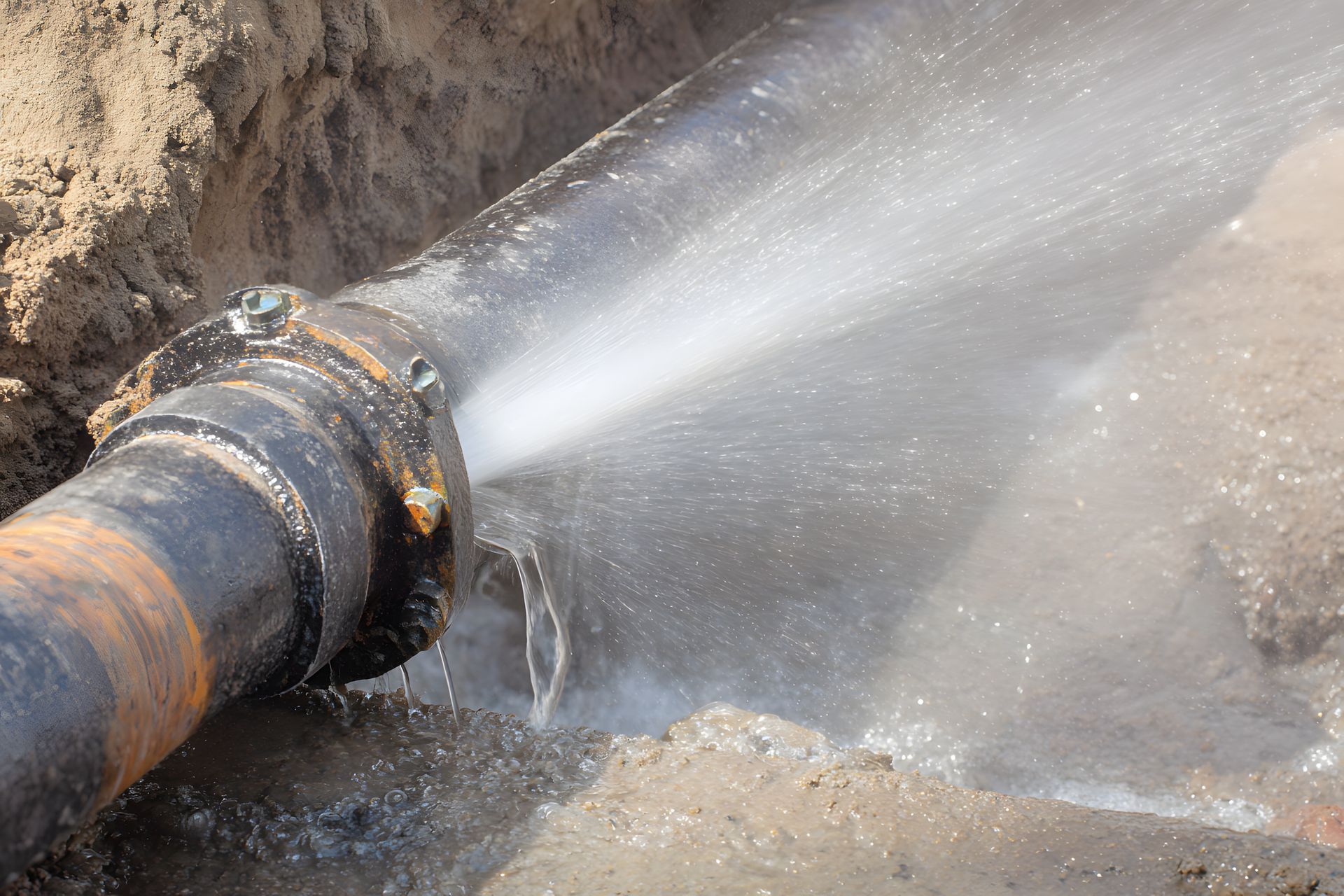 A large pipe with water spraying out, likely a broken water main, on a dirt surface.