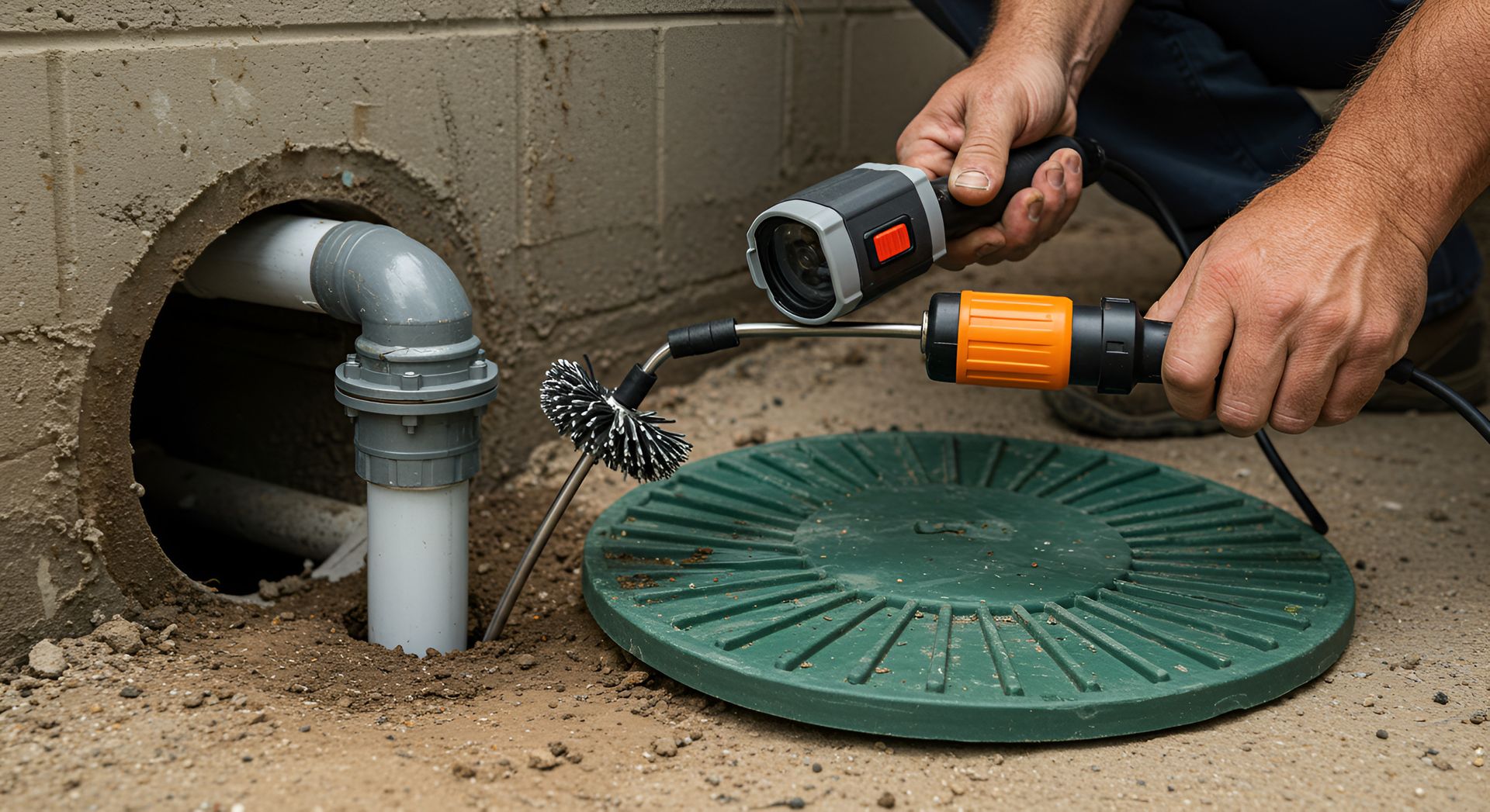 Person inspecting a pipe with a camera and tool, near a covered access point.