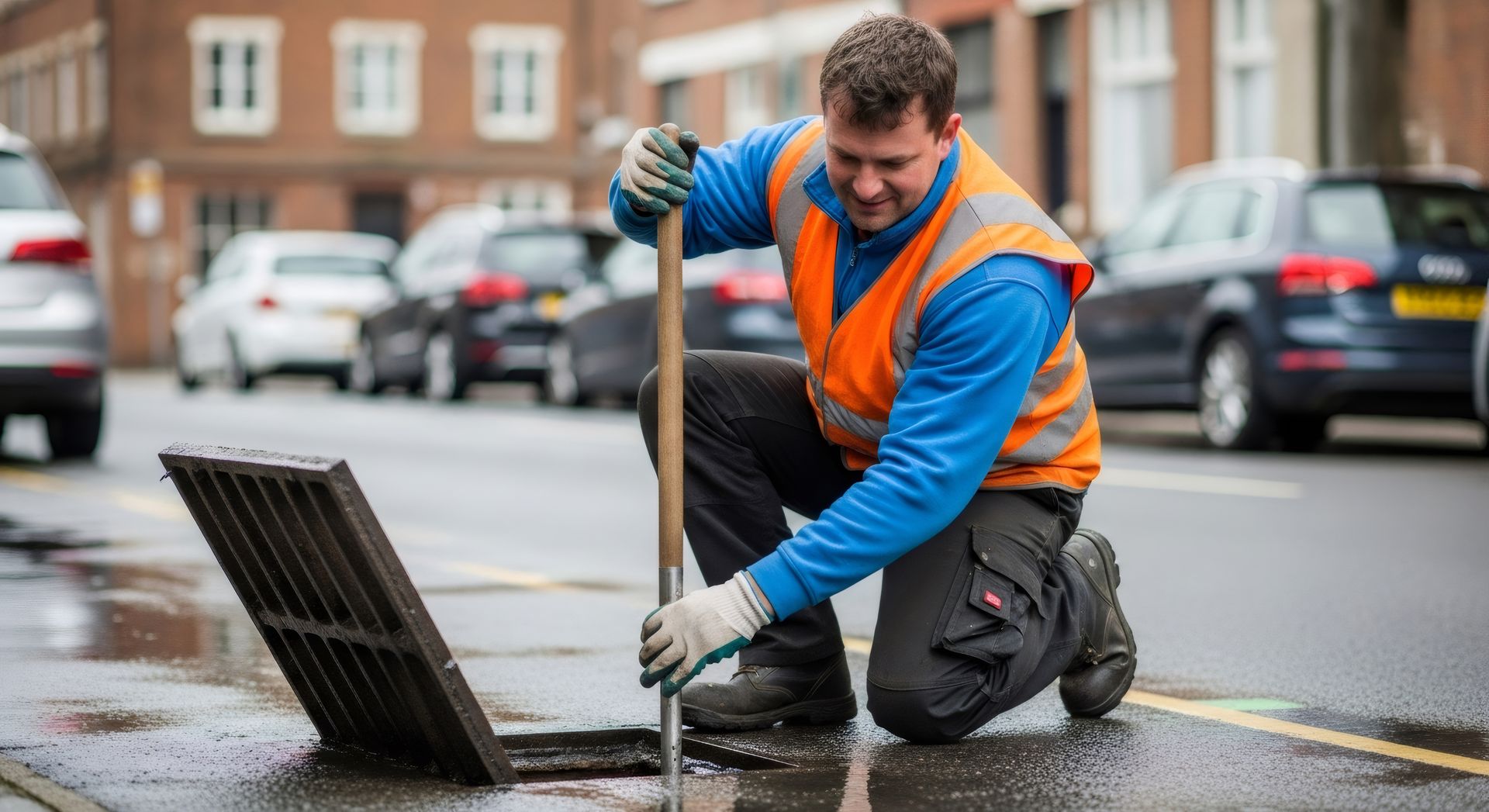 Worker in an orange vest checks a sewer grate on a wet city street, with cars in the background.