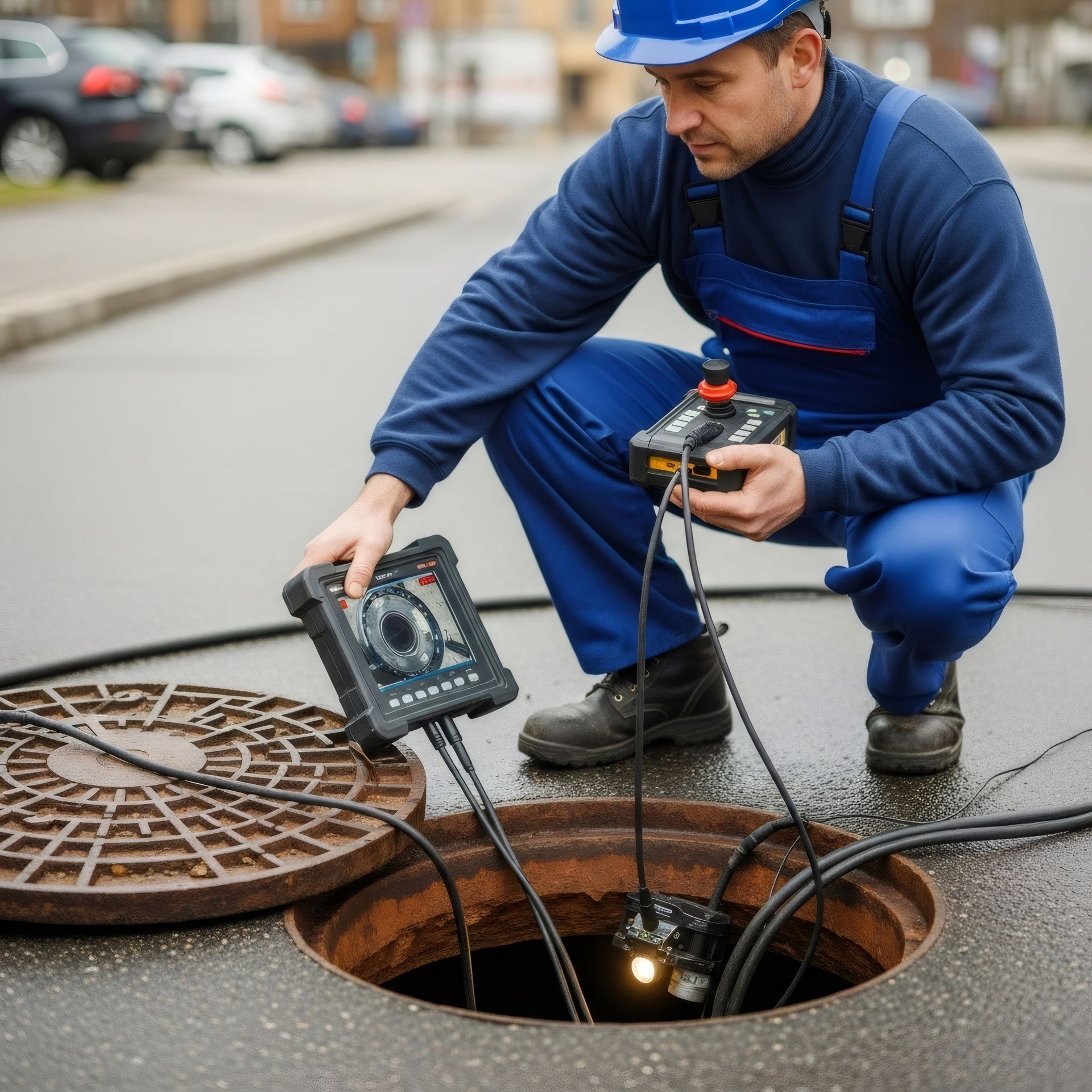 Man in blue overalls inspects a manhole with monitoring equipment on a city street.