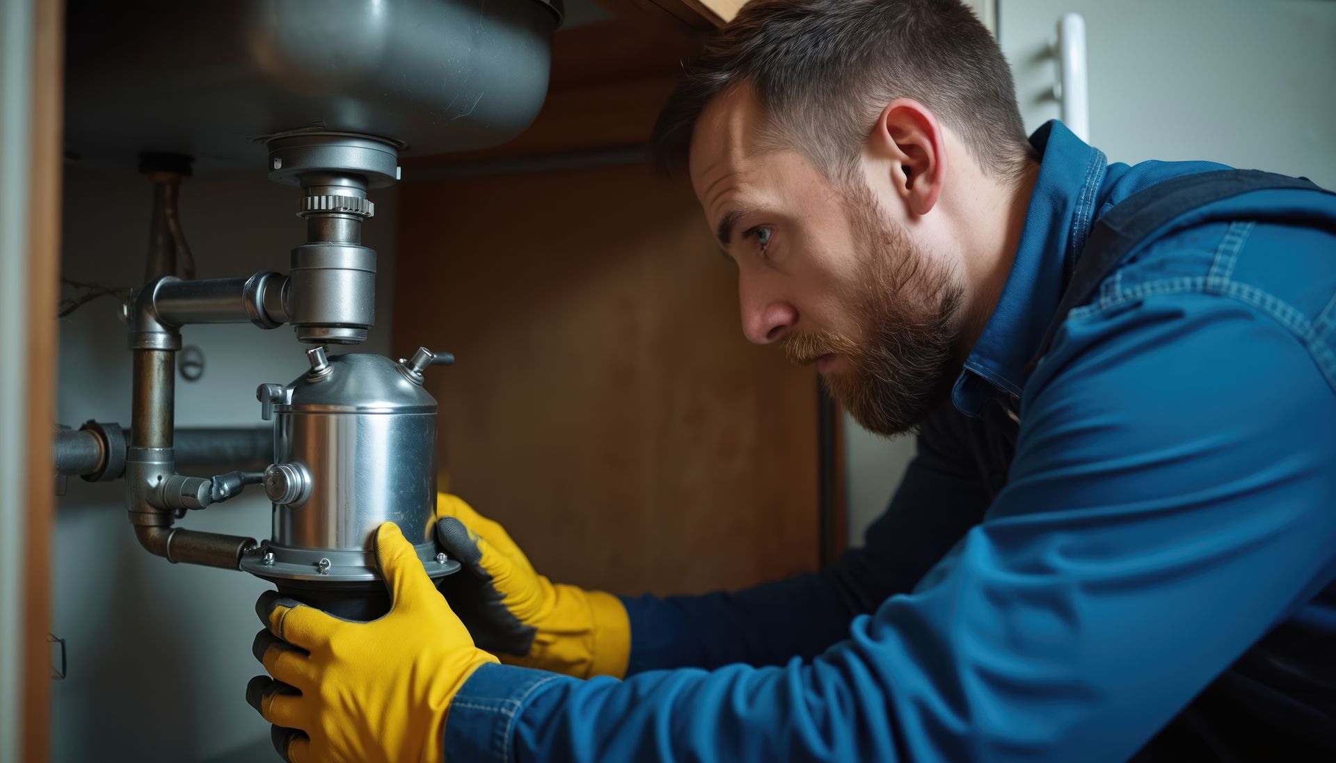 Plumber in blue work shirt and yellow gloves repairing a kitchen sink's pipes.