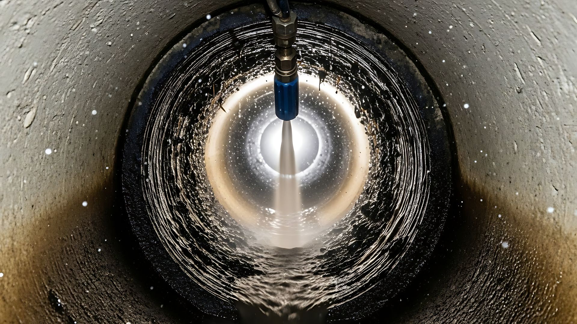 High-pressure water jet cleaning a dark, cylindrical pipe.