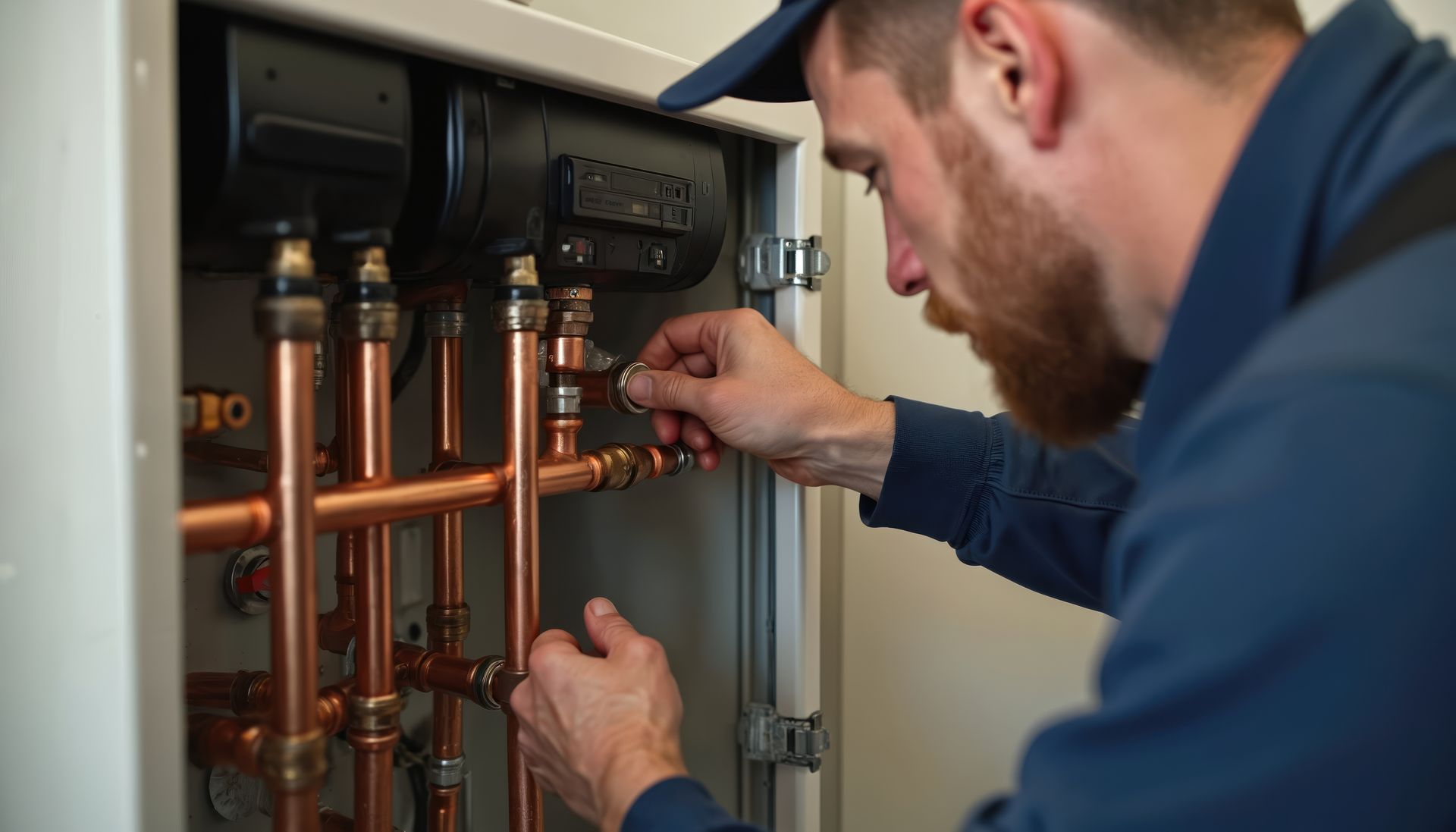 Plumber in blue uniform, fixing copper pipes inside a mechanical unit.