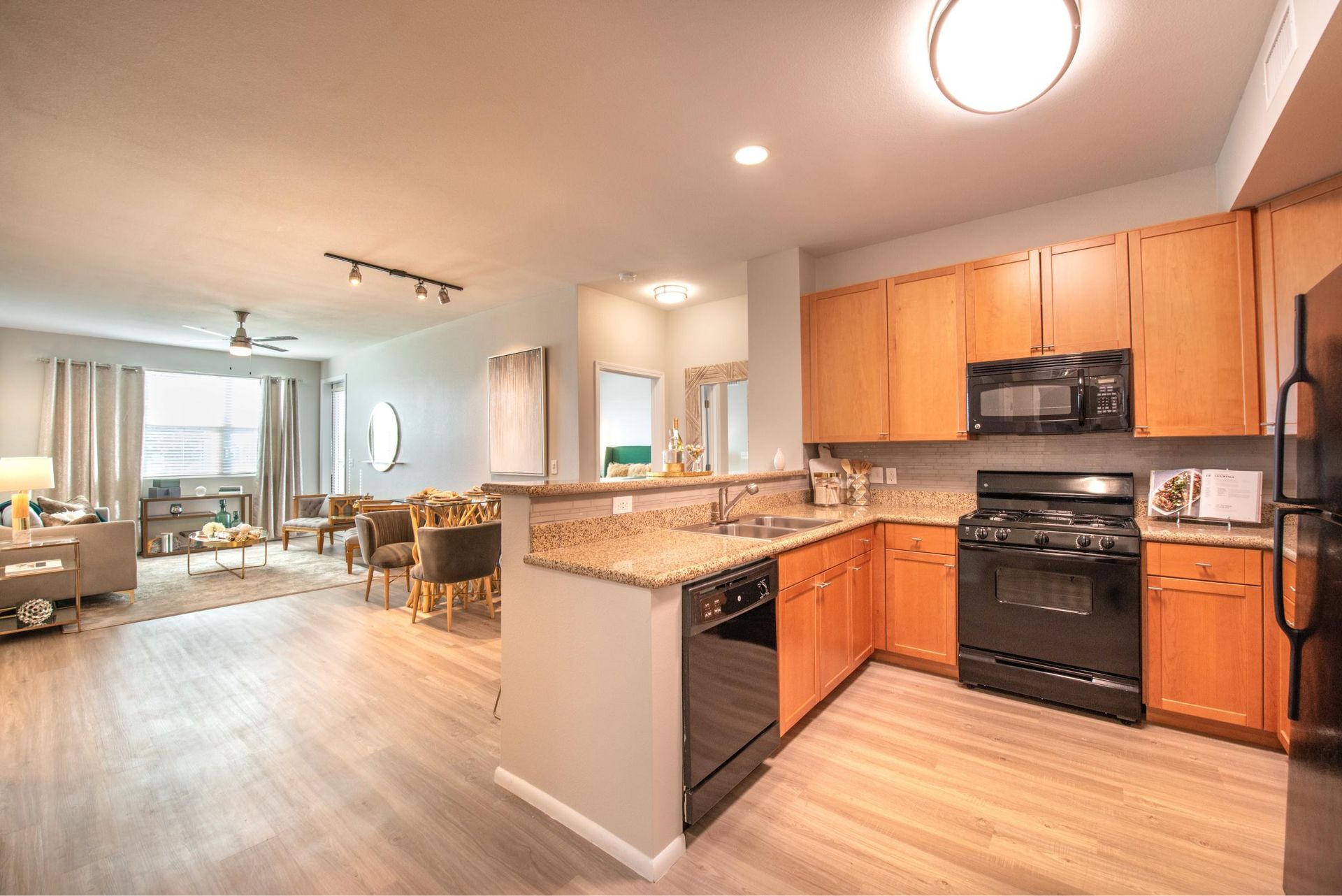 Open-concept kitchen with granite countertops, stainless steel appliances, and a view into the living area.