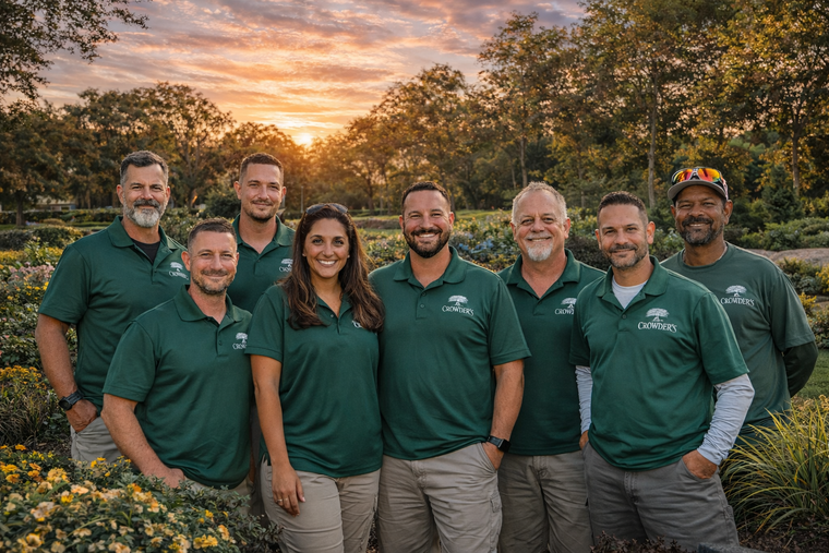 Seven people in green shirts standing outdoors at sunset in a garden.