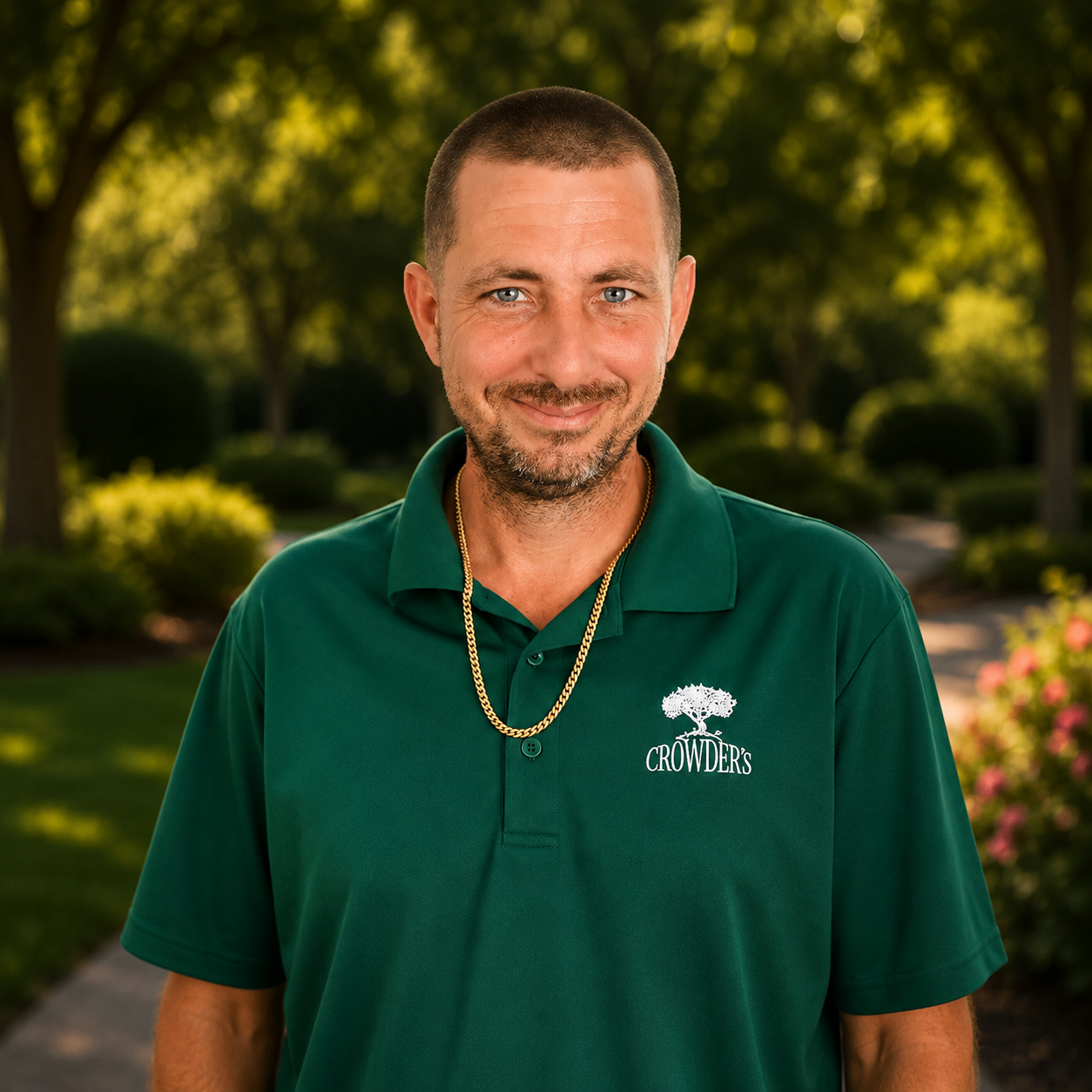 Man standing outdoors in a green polo shirt with a gold chain, smiling against a blurred park background
